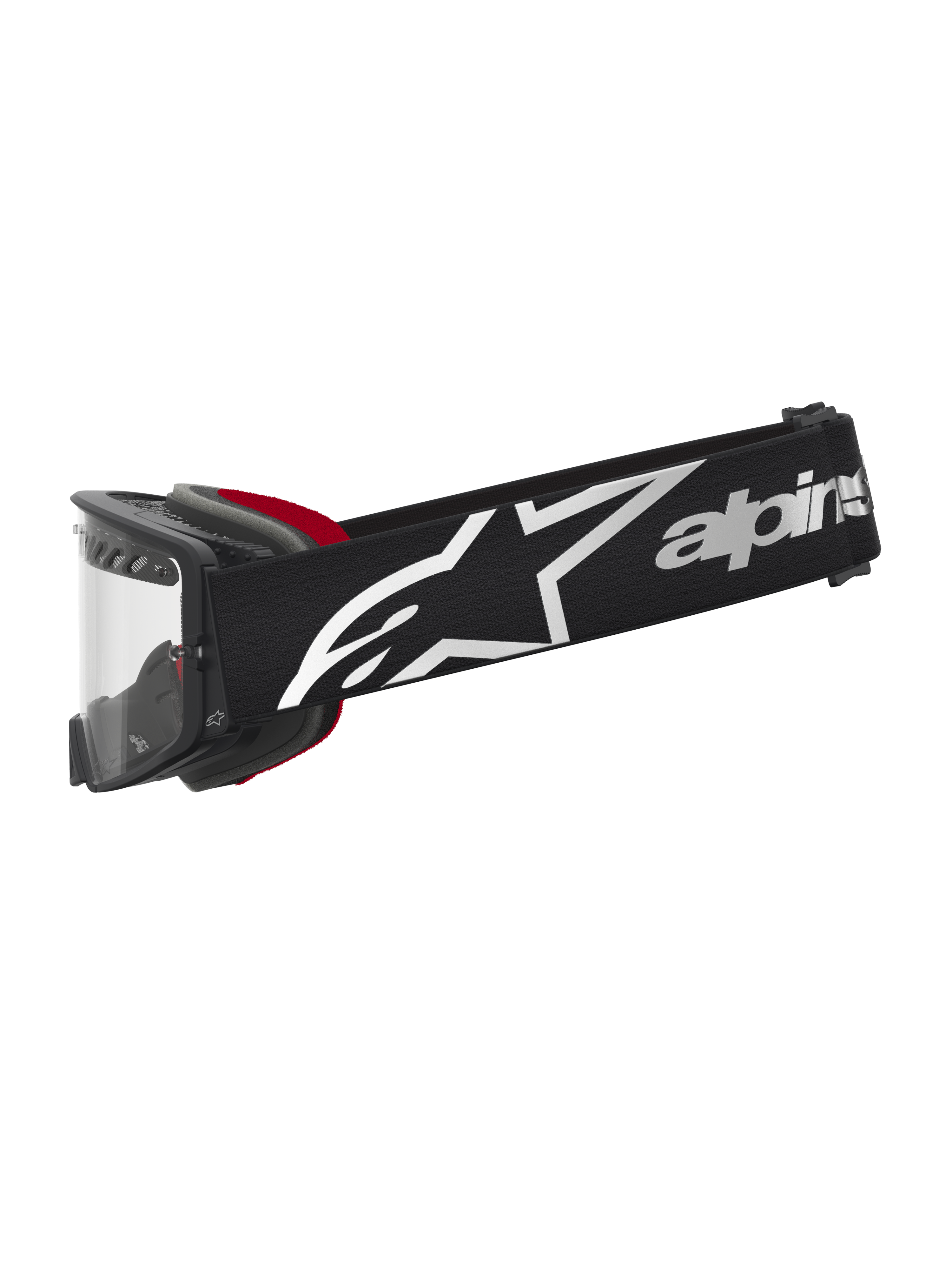 Alpinestars Supertech Dura Air Fluid Motocross-Schutzbrille in Schwarz und Silber mit klarem Glas und roter Polsterung.