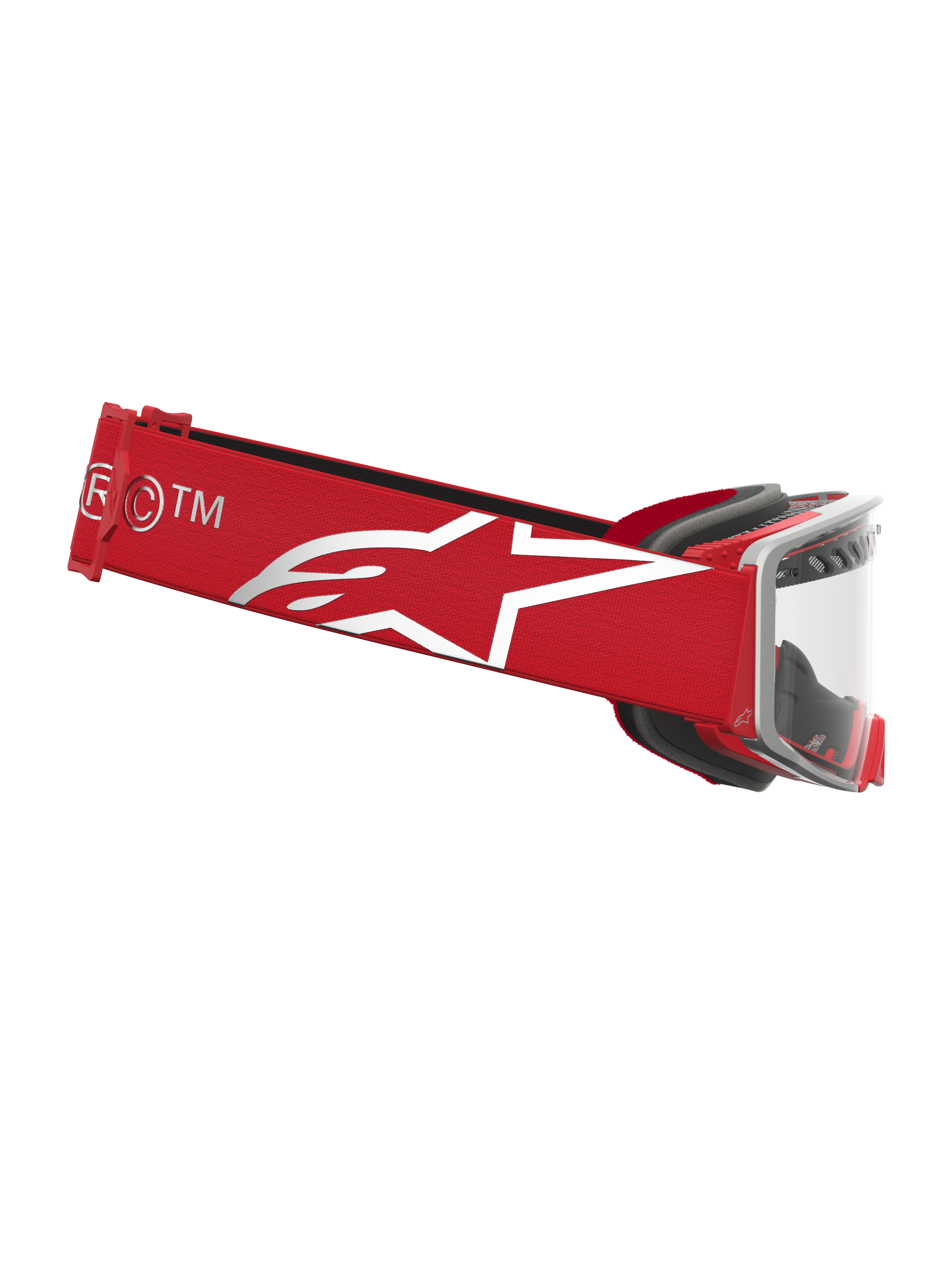 Alpinestars Supertech Schutzbrille Dura Air Fluid, Motocross-Schutzbrille für den Rennsport, Rot und Silber, klare Scheibe und weißes Stern-Logo auf dem Brillenband.