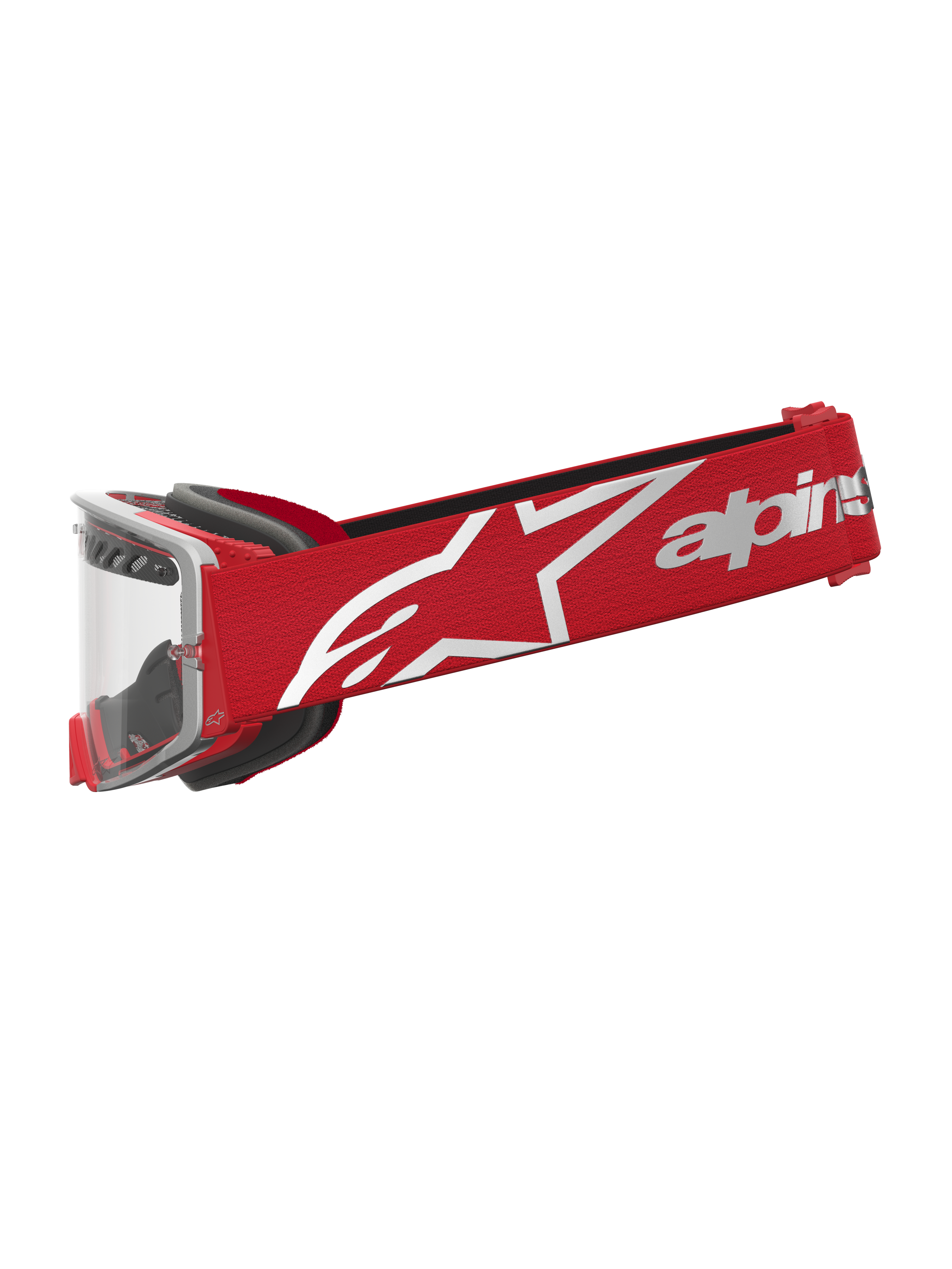 Alpinestars Supertech Schutzbrille Dura Air Fluid, Motocross-Schutzbrille, Rot und Silber, klare Scheibe, weißes Logo-Band.
