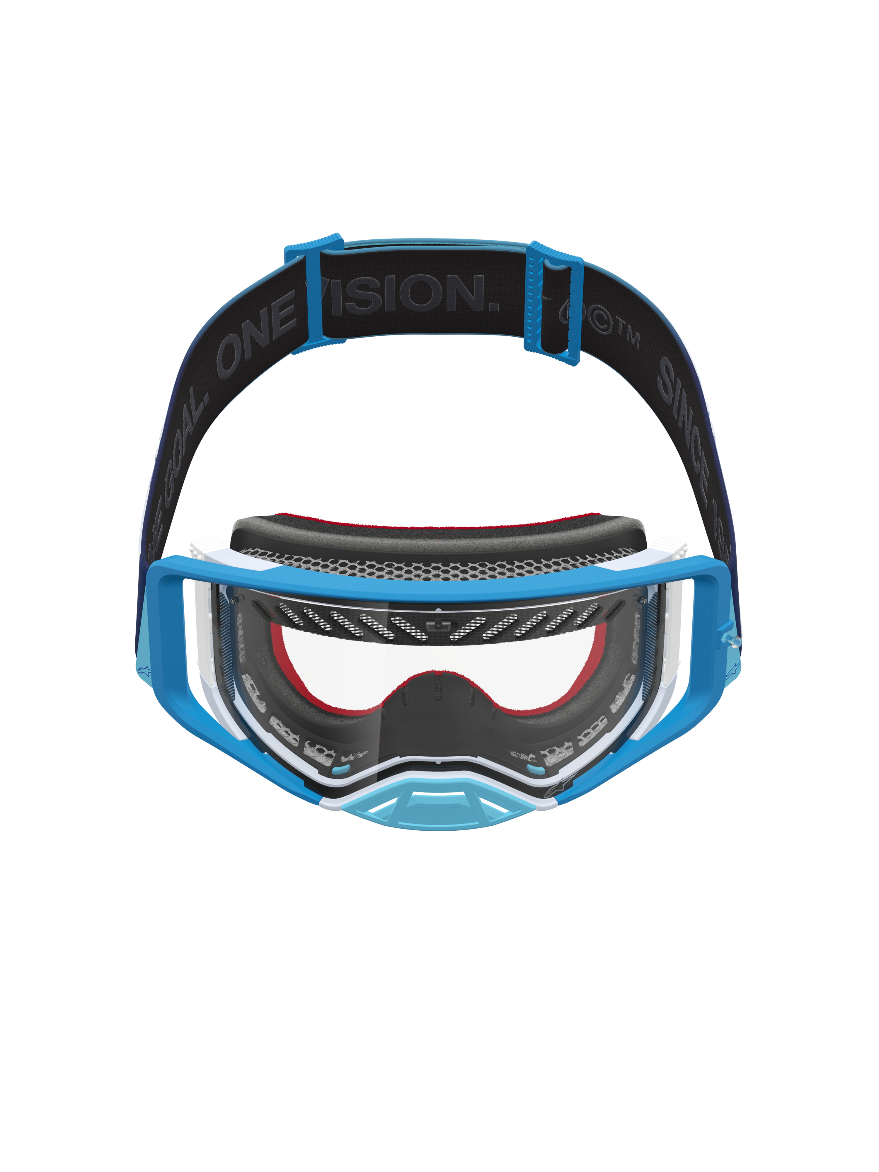 Alpinestars Supertech Dura Air Fluid Schutzbrille, Motocross-Brille in Blau und Weiß, klare Scheibe und Marken-Gurt.