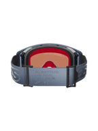 Alpinestars Supertech Vision Vista Goggles, Rückansicht, blau-graues verstellbares Brillenband mit geprägtem „ONE GOAL. ONE VISION.“ Schriftzug, schwarzer mehrschichtiger Gesichtsschaumstoff, Innenansicht der getönten Scheibe, entwickelt für Motocross-Performance
