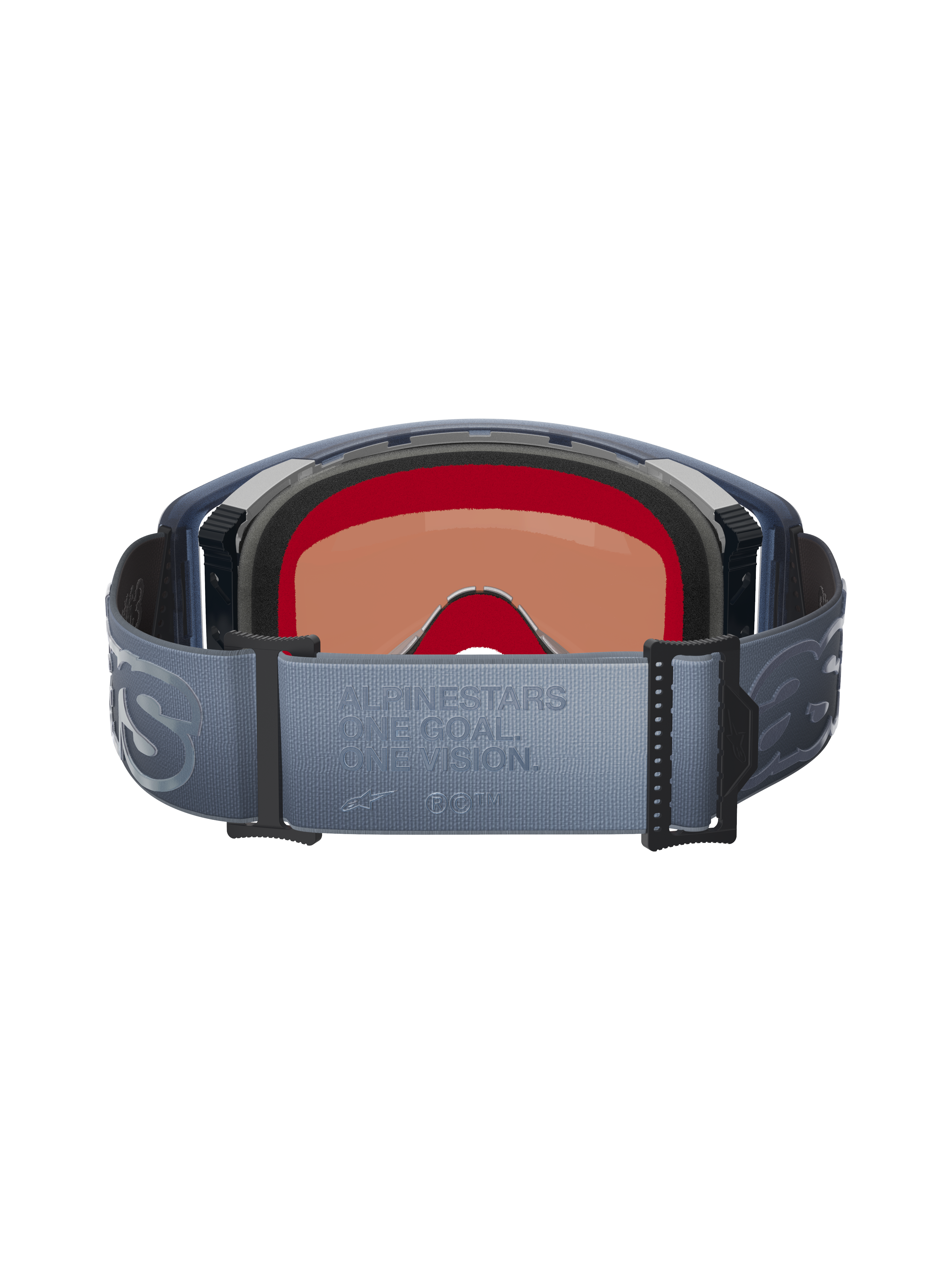 Alpinestars Supertech Vision Vista Goggles, Rückansicht, blau-graues verstellbares Brillenband mit geprägtem „ONE GOAL. ONE VISION.“ Schriftzug, schwarzer mehrschichtiger Gesichtsschaumstoff, Innenansicht der getönten Scheibe, entwickelt für Motocross-Performance