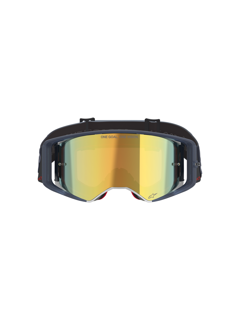 Alpinestars Supertech Vision Vista Goggles, Motocross-Schutzbrille, Black Mirror Gold, Vorderansicht mit gold verspiegelter Scheibe und dunklem Rahmen, professionelle Offroad-Rennsportbrille mit „ONE GOAL. ONE VISION.“-Schriftzug und Logo-Details