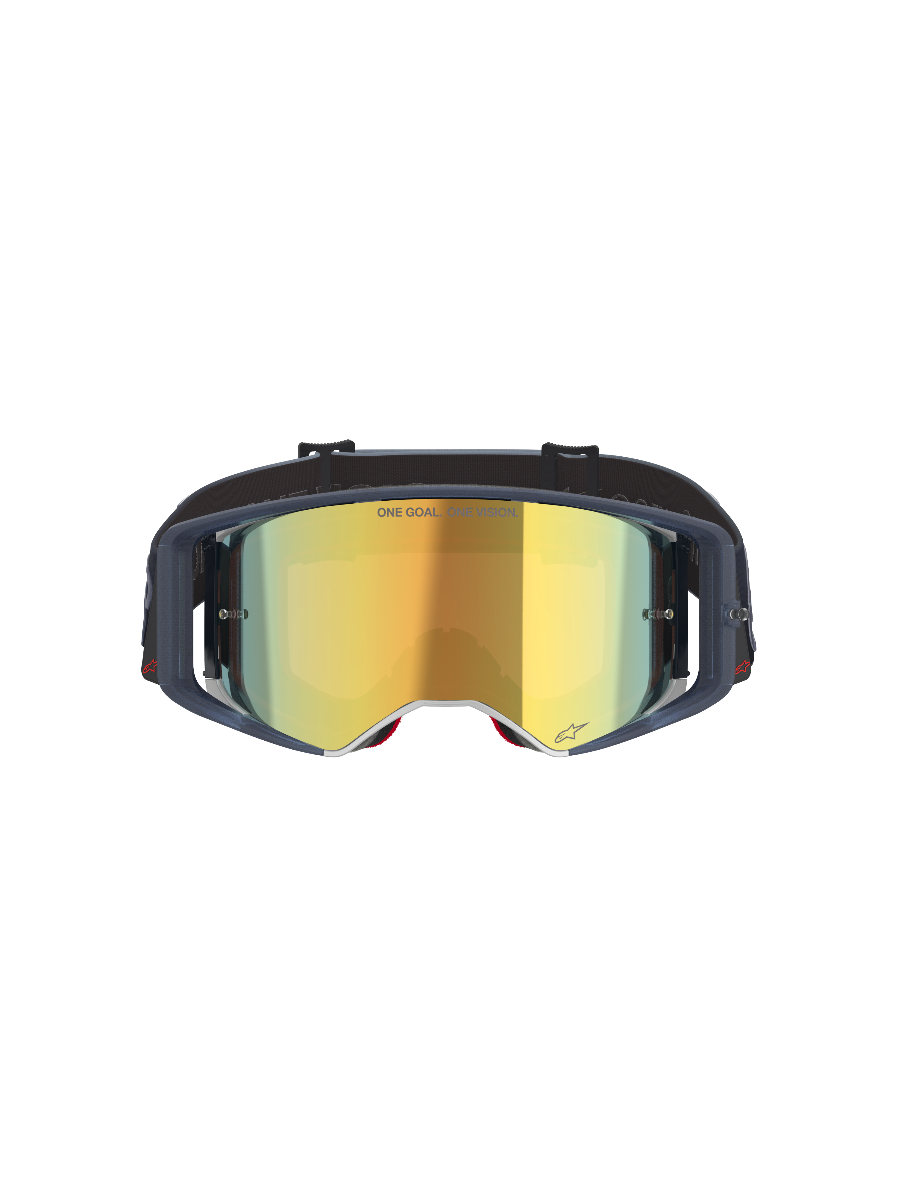 Alpinestars Supertech Vision Vista Goggles, Motocross-Schutzbrille, Black Mirror Gold, Vorderansicht mit gold verspiegelter Scheibe und dunklem Rahmen, professionelle Offroad-Rennsportbrille mit „ONE GOAL. ONE VISION.“-Schriftzug und Logo-Details