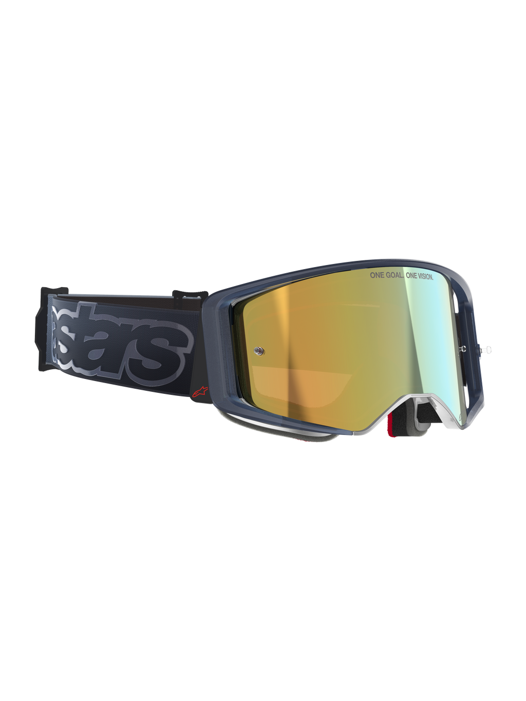 Alpinestars Supertech Vision Vista Goggles, Motocross-Brille, Black Mirror Gold, gold verspiegelte Scheibe mit „ONE GOAL. ONE VISION.“ Aufschrift, dunkler Rahmen mit rotem Logo-Akzent, breites schwarzes Band mit grauem „stars“ Branding, hochwertige Offroad-Performance-Brille