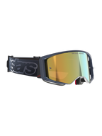 Alpinestars Supertech Vision Vista Goggles, Motocross-Brille, Black Mirror Gold, gold verspiegelte Scheibe mit „ONE GOAL. ONE VISION.“ Aufschrift, dunkler Rahmen mit rotem Logo-Akzent, breites schwarzes Band mit grauem „stars“ Branding, hochwertige Offroad-Performance-Brille