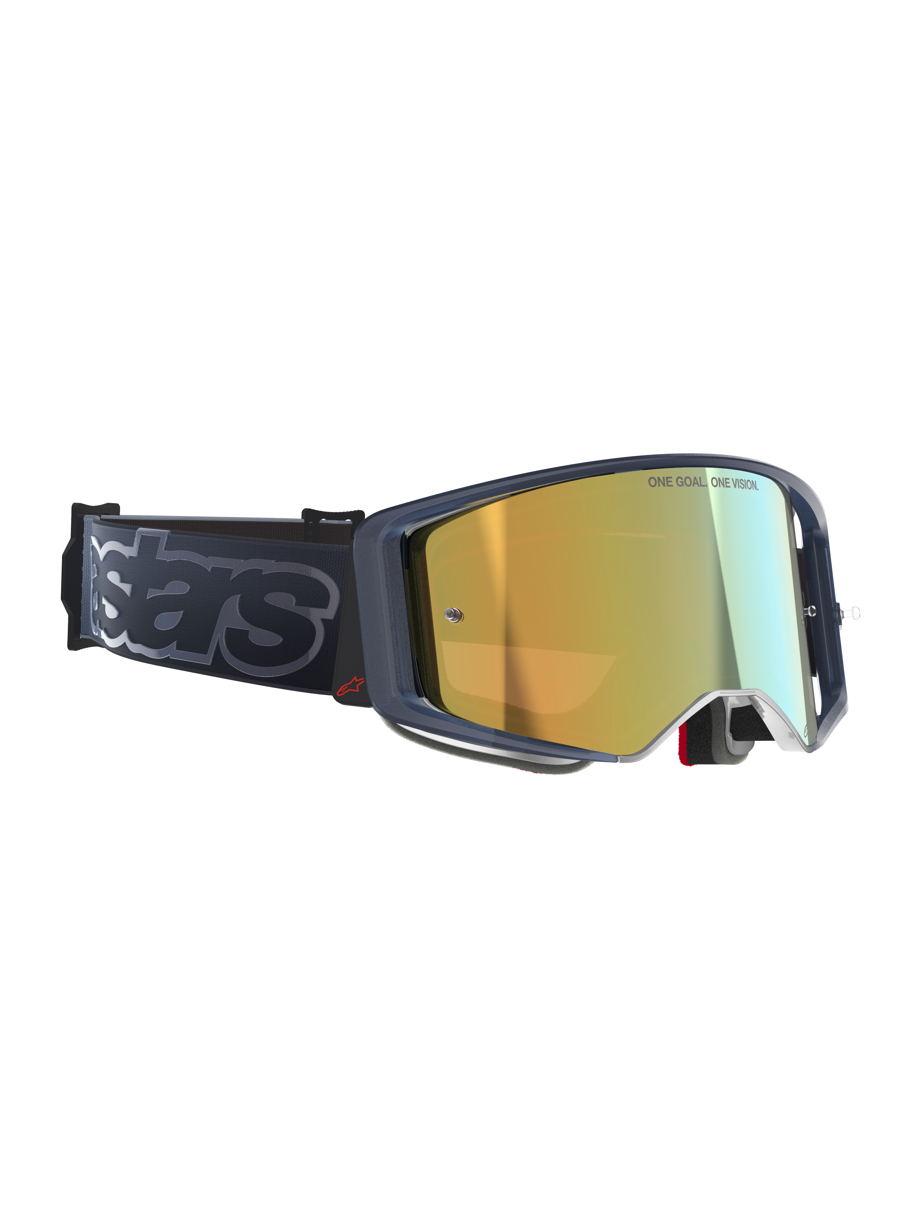 Alpinestars Supertech Vision Vista Goggles, Motocross-Brille, Black Mirror Gold, gold verspiegelte Scheibe mit „ONE GOAL. ONE VISION.“ Aufschrift, dunkler Rahmen mit rotem Logo-Akzent, breites schwarzes Band mit grauem „stars“ Branding, hochwertige Offroad-Performance-Brille