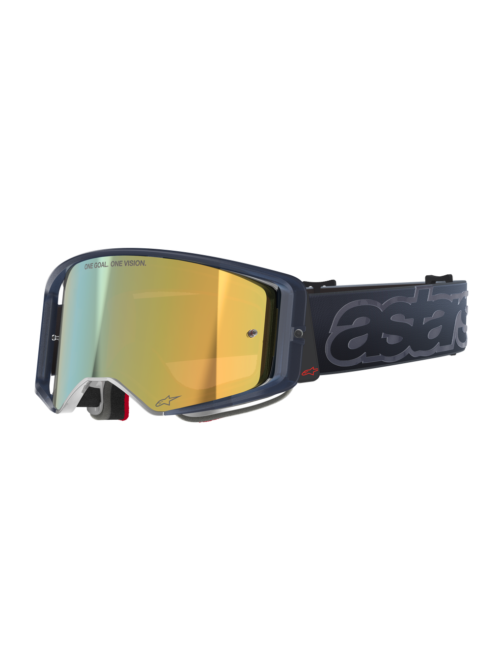 Alpinestars Supertech Vision Vista Goggles, Motocross MX-Brille, Black Mirror Gold Farbgebung, dunkler, transparenter Rahmen, gold verspiegelte Gläser mit „ONE GOAL. ONE VISION.“ Schriftzug, schwarzes Band mit großer, grau geprägter „astars“-Markenkennzeichnung