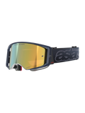 Alpinestars Supertech Vision Vista Goggles, Motocross MX-Brille, Black Mirror Gold Farbgebung, dunkler, transparenter Rahmen, gold verspiegelte Gläser mit „ONE GOAL. ONE VISION.“ Schriftzug, schwarzes Band mit großer, grau geprägter „astars“-Markenkennzeichnung