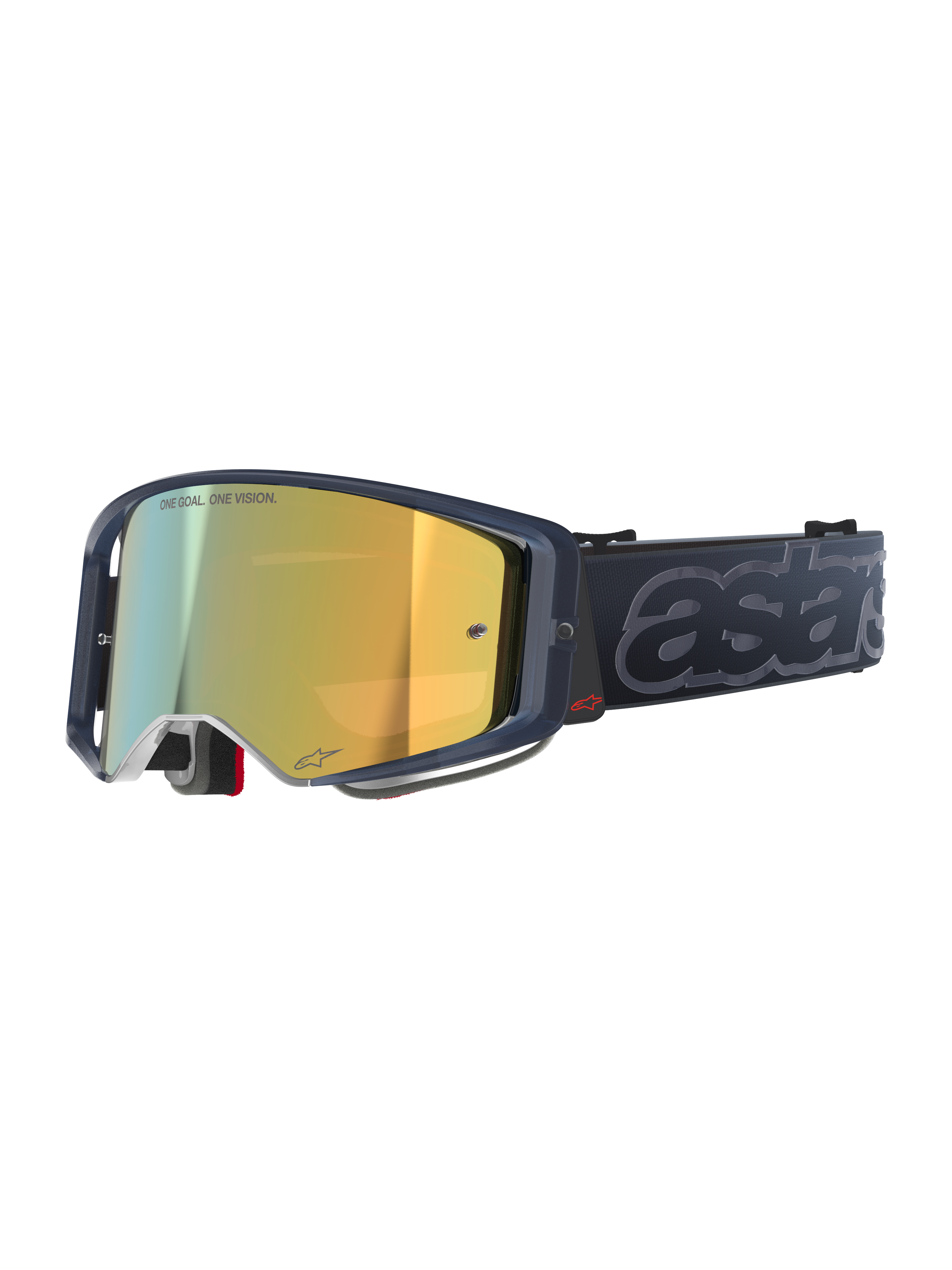 Alpinestars Supertech Vision Vista Goggles, Motocross MX-Brille, Black Mirror Gold Farbgebung, dunkler, transparenter Rahmen, gold verspiegelte Gläser mit „ONE GOAL. ONE VISION.“ Schriftzug, schwarzes Band mit großer, grau geprägter „astars“-Markenkennzeichnung