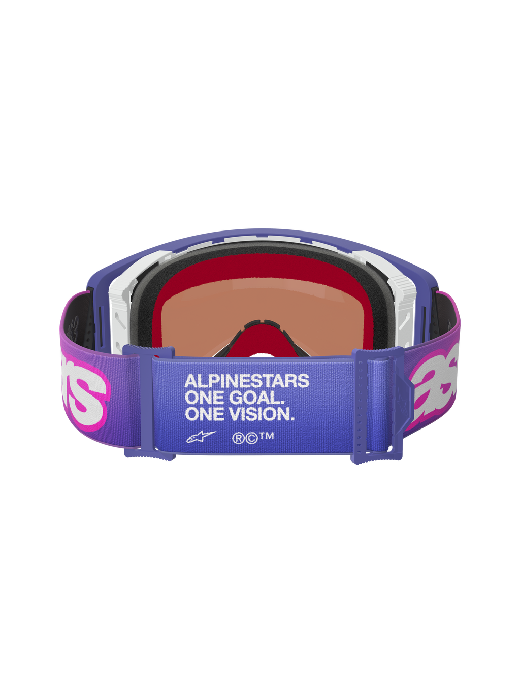Alpinestars Supertech Vision Vista Goggles, Purple Fluo Pink Mirror Blue, Rückansicht mit elastischem Band und weißem „ALPINESTARS ONE GOAL. ONE VISION.“ Schriftzug, pinkfarbenen Astar-Logos, lila Rahmen mit dicker Schaumstoffpolsterung, professionelle Offroad-Rennbrille