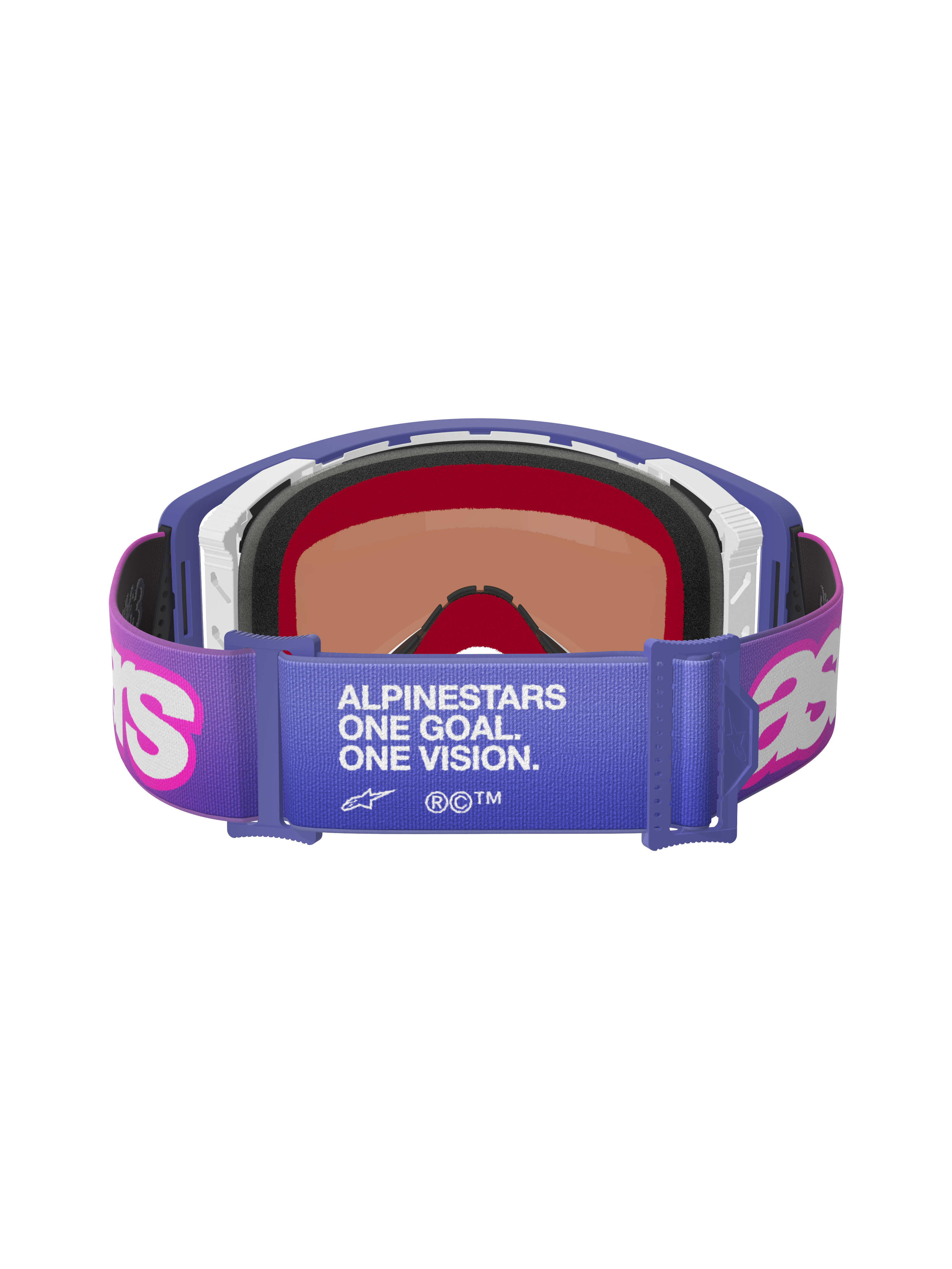 Alpinestars Supertech Vision Vista Goggles, Purple Fluo Pink Mirror Blue, Rückansicht mit elastischem Band und weißem „ALPINESTARS ONE GOAL. ONE VISION.“ Schriftzug, pinkfarbenen Astar-Logos, lila Rahmen mit dicker Schaumstoffpolsterung, professionelle Offroad-Rennbrille