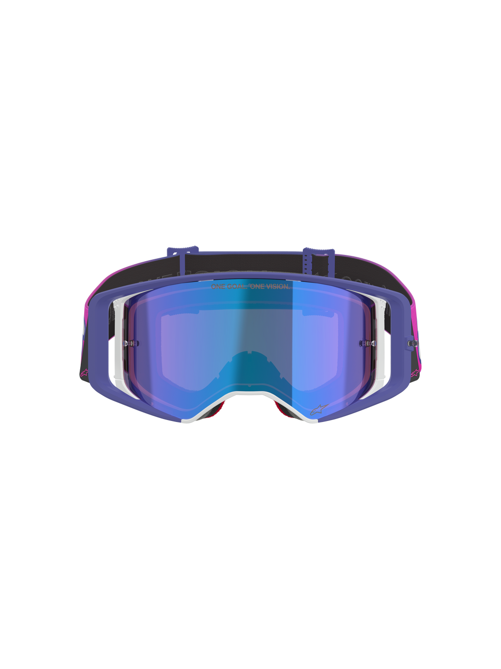 Alpinestars Supertech Vision Vista Schutzbrille, Motocross-Brille, Lila, Fluo-Pink und Mirror-Blau, Vorderansicht mit einer blau verspiegelten Scheibe, lila Rahmen mit weißen Akzenten und einem leuchtend pinken und schwarzen Brillenband mit Alpinestars-Branding.