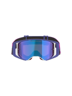 Alpinestars Supertech Vision Vista Schutzbrille, Motocross-Brille, Lila, Fluo-Pink und Mirror-Blau, Vorderansicht mit einer blau verspiegelten Scheibe, lila Rahmen mit weißen Akzenten und einem leuchtend pinken und schwarzen Brillenband mit Alpinestars-Branding.