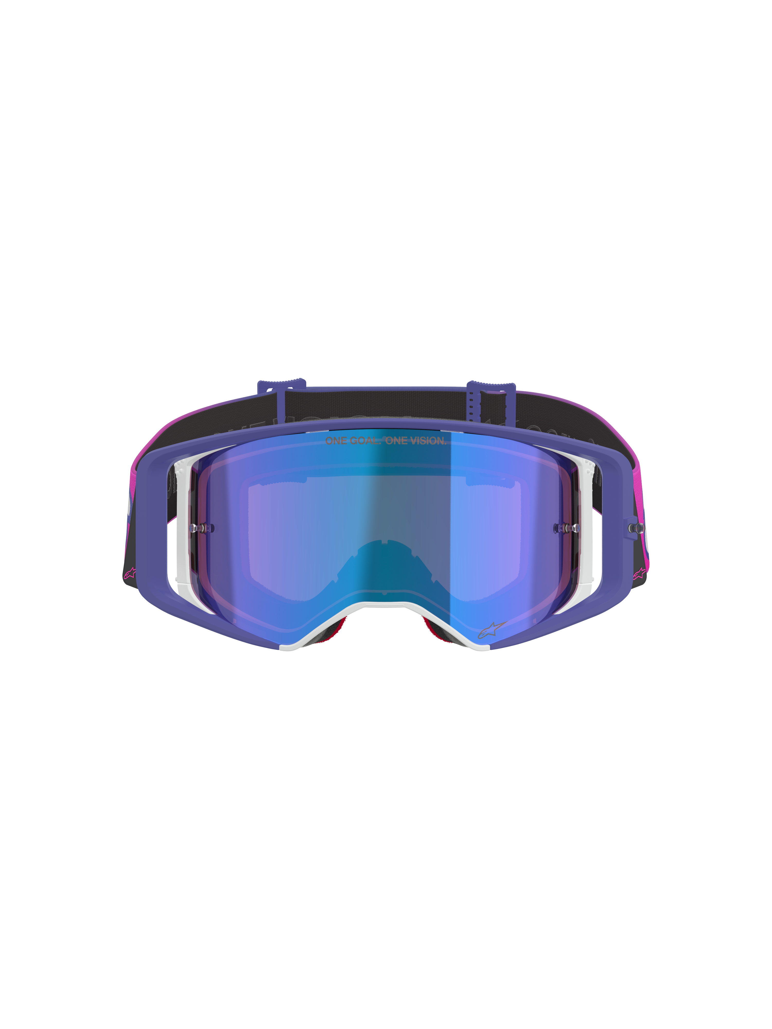 Alpinestars Supertech Vision Vista Schutzbrille, Motocross-Brille, Lila, Fluo-Pink und Mirror-Blau, Vorderansicht mit einer blau verspiegelten Scheibe, lila Rahmen mit weißen Akzenten und einem leuchtend pinken und schwarzen Brillenband mit Alpinestars-Branding.