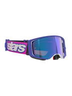 Alpinestars Supertech Vision Vista Brille, Motocross-Brille, lila und fluoreszierend pinker Rahmen mit blau verspiegelter Linse, pinkes Brillenband mit markantem weißem Alpinestars-Branding, professionelle Offroad-Schutzbrille