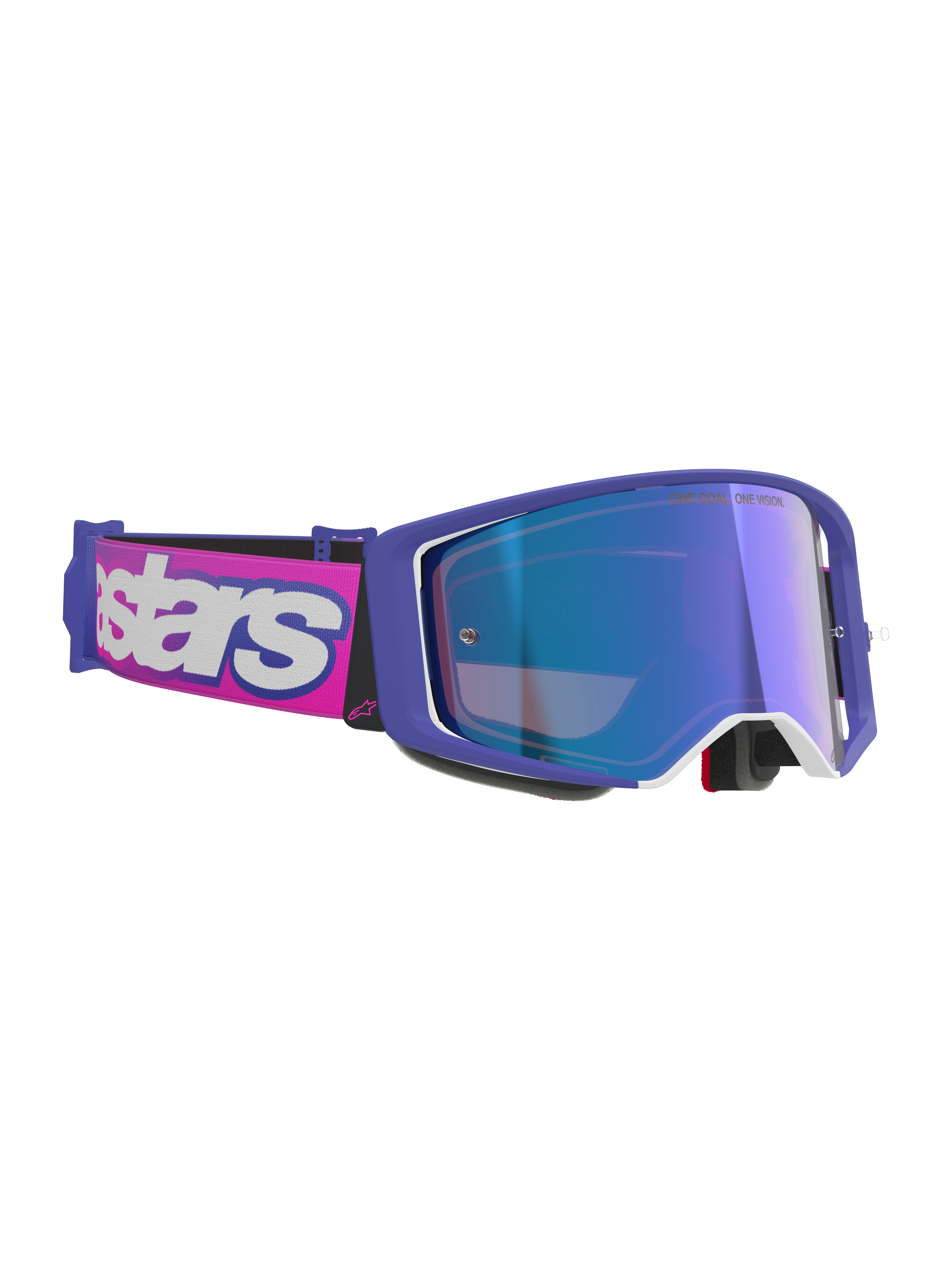 Alpinestars Supertech Vision Vista Brille, Motocross-Brille, lila und fluoreszierend pinker Rahmen mit blau verspiegelter Linse, pinkes Brillenband mit markantem weißem Alpinestars-Branding, professionelle Offroad-Schutzbrille