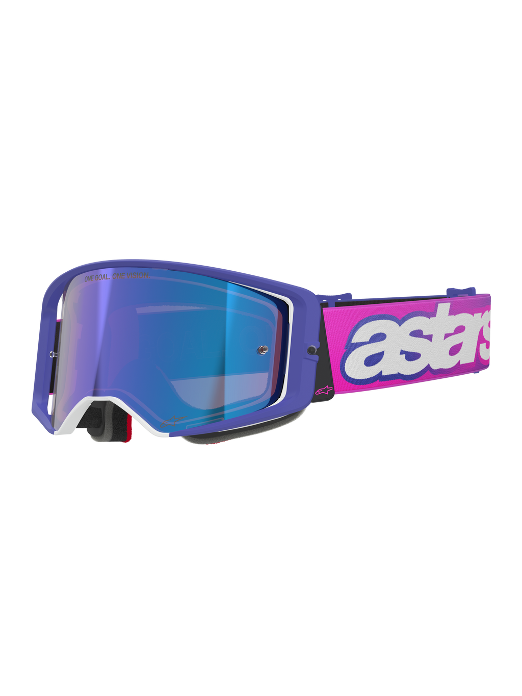 Alpinestars Supertech Vision Vista Brille, Motocross-Brille, lila Rahmen mit weißen Akzenten und blau verspiegelter Linse, neonpinkes Band mit markantem weißen 'astars' Branding, professionelle Offroad-Rennsportbrille