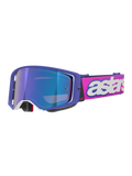 Alpinestars Supertech Vision Vista Brille, Motocross-Brille, lila Rahmen mit weißen Akzenten und blau verspiegelter Linse, neonpinkes Band mit markantem weißen 'astars' Branding, professionelle Offroad-Rennsportbrille