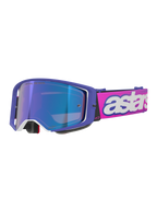 Alpinestars Supertech Vision Vista Brille, Motocross-Brille, lila Rahmen mit weißen Akzenten und blau verspiegelter Linse, neonpinkes Band mit markantem weißen 'astars' Branding, professionelle Offroad-Rennsportbrille