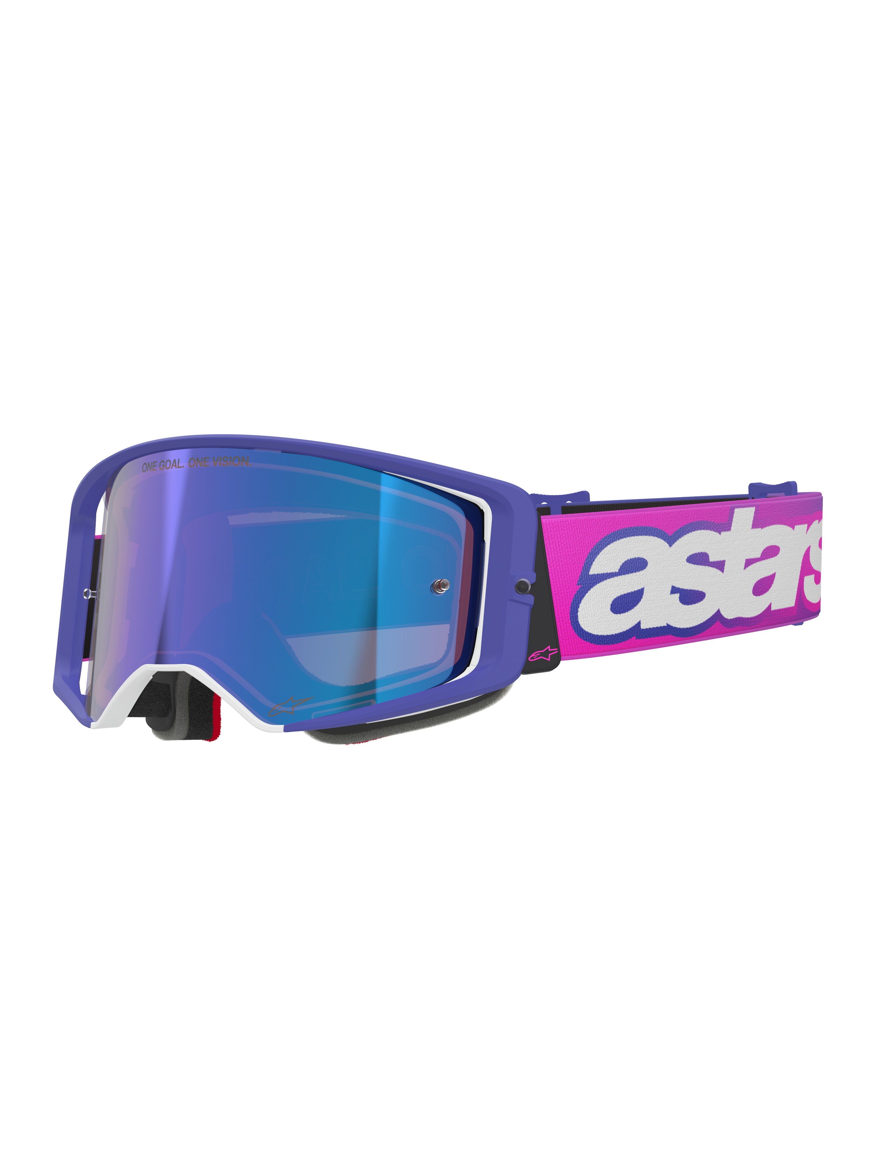 Alpinestars Supertech Vision Vista Brille, Motocross-Brille, lila Rahmen mit weißen Akzenten und blau verspiegelter Linse, neonpinkes Band mit markantem weißen 'astars' Branding, professionelle Offroad-Rennsportbrille