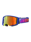 Alpinestars Supertech Vision Vista Goggles, Motocross Goggles, Blue frame with neon yellow accents, Orange-red mirrored lens, Light purple strap with pink and orange 'astars' branding, 'ONE GOAL. ONE VISION.' lens text