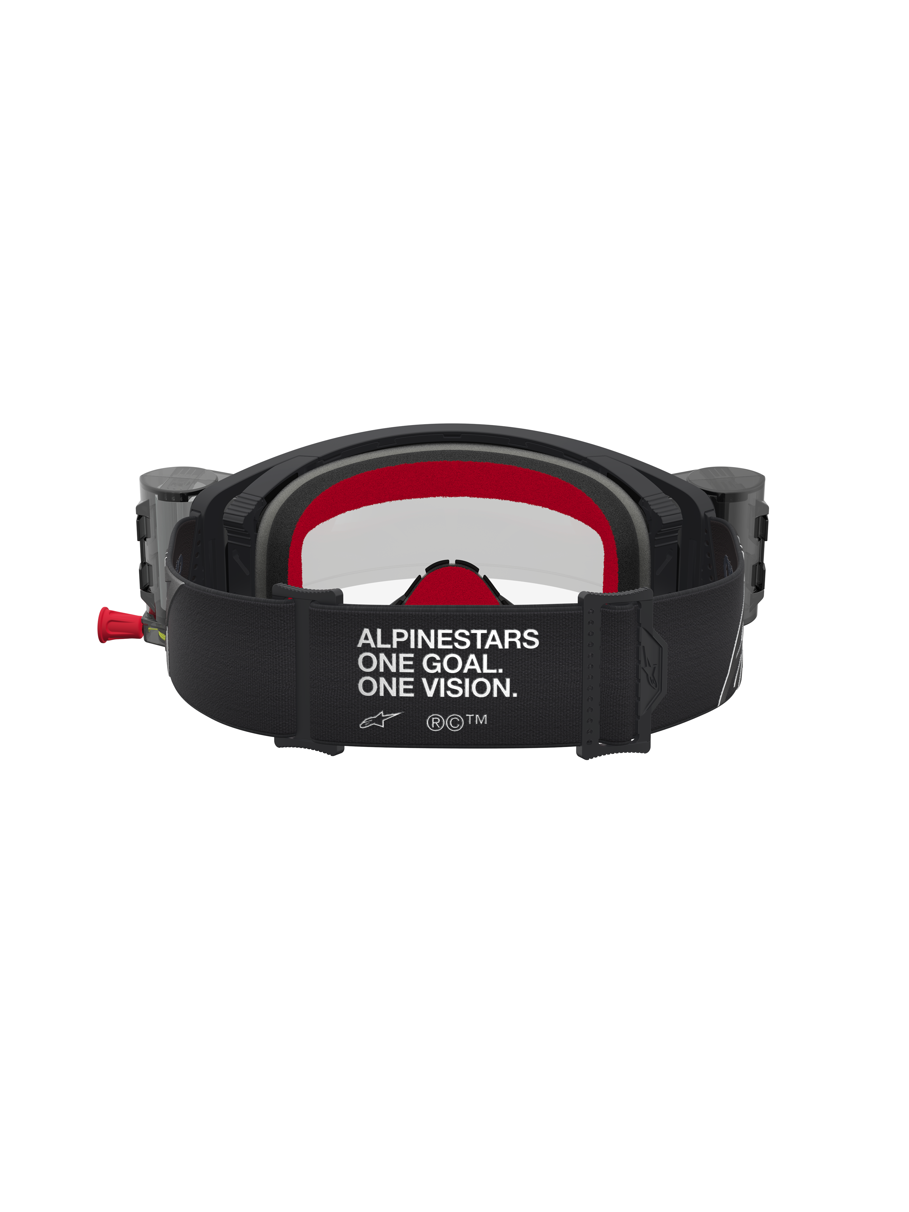 Alpinestars Supertech Firma Roll Off Goggles, black and red motocross goggles with wide branded strap and roll-off system.