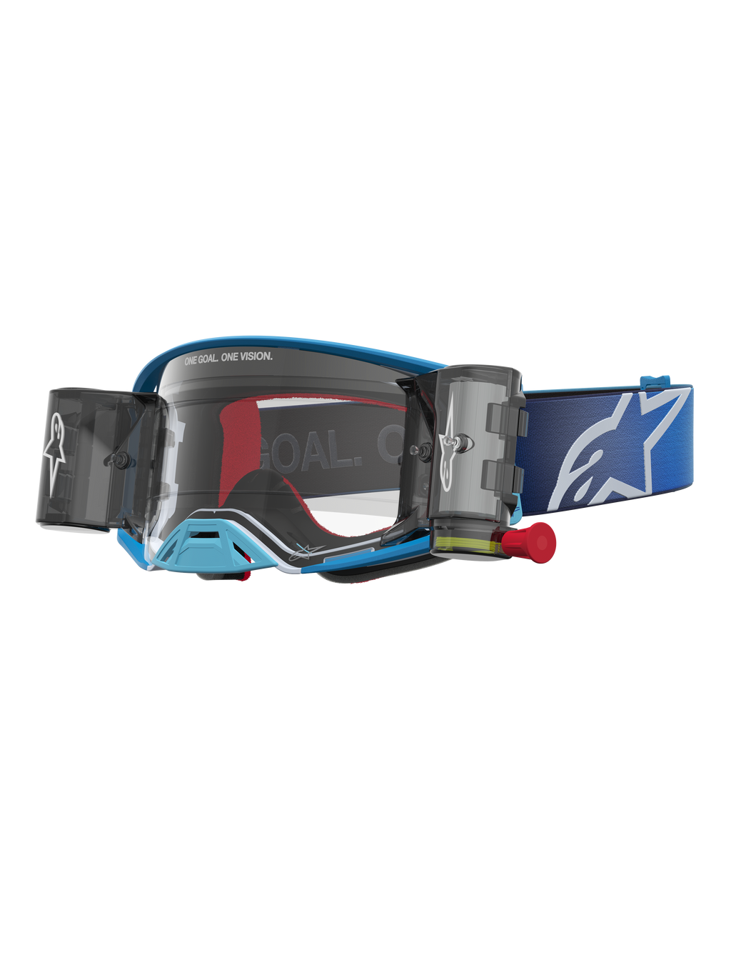 Alpinestars Supertech Firma Roll-Off Schutzbrille, blaue Motocross-Brille mit klarer Linse und Roll-Off-Kartuschen.