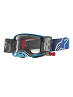 Alpinestars Supertech Firma Roll-Off Schutzbrille, blaue Motocross-Brille mit klarer Linse und Roll-Off-Kartuschen.