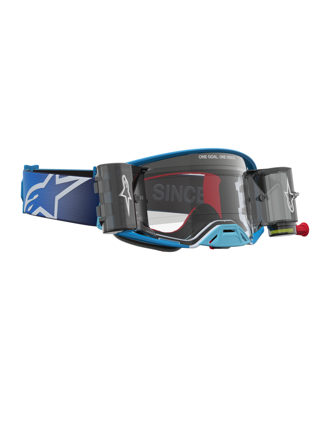 Alpinestars Supertech Firma Roll-Off Schutzbrille, Motocross-Brille, Blau und Silber, klare Linse und Roll-Off-Kartuschen.