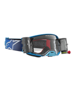 Alpinestars Supertech Firma Roll-Off Schutzbrille, Motocross-Brille, Blau und Silber, klare Linse und Roll-Off-Kartuschen.