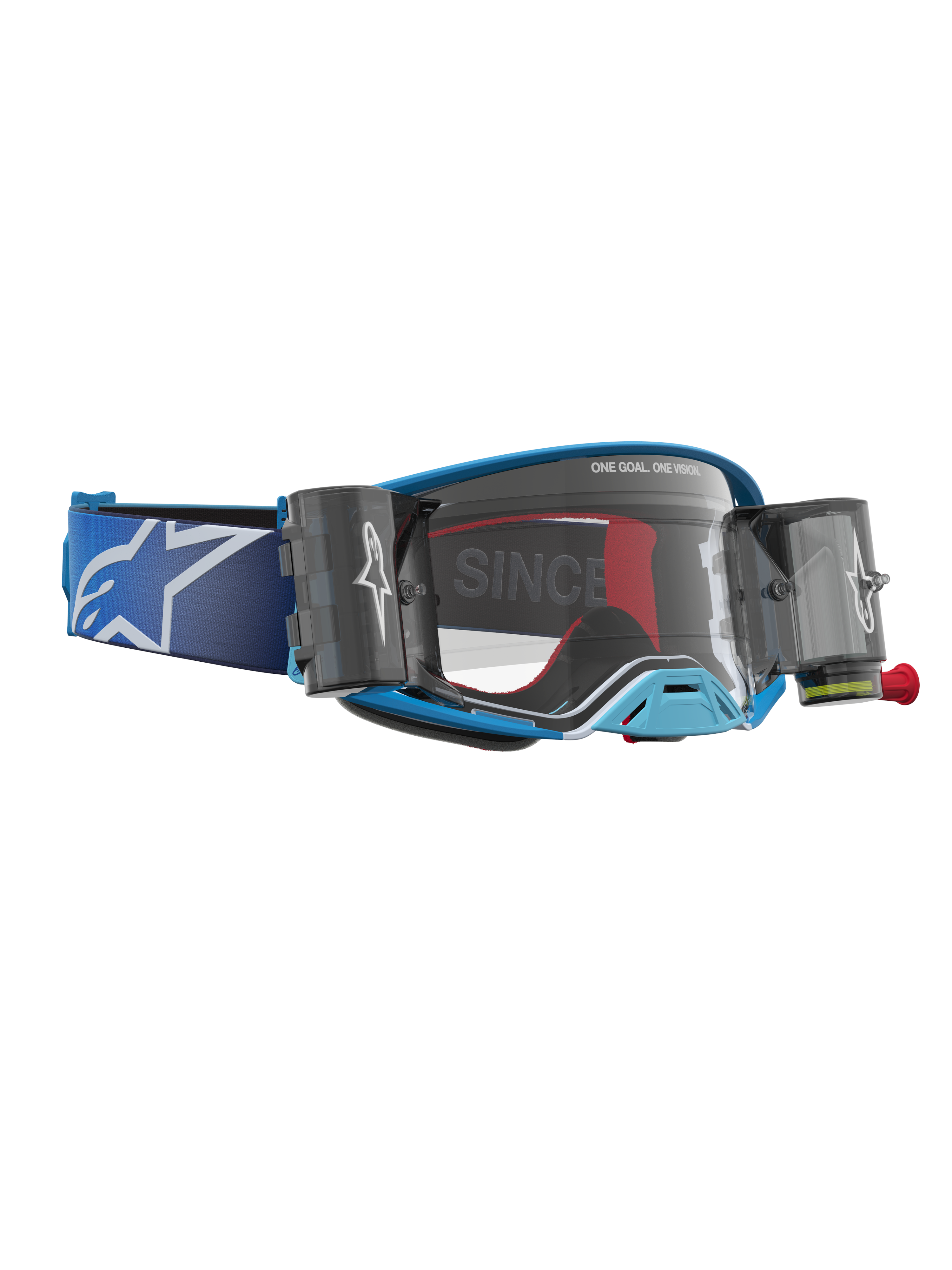 Alpinestars Supertech Firma Roll-Off Schutzbrille, Motocross-Brille, Blau und Silber, klare Linse und Roll-Off-Kartuschen.