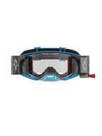 Alpinestars Supertech Firma Roll-Off Schutzbrille in Blau und Silber mit klarer Scheibe und Roll-Off-System.