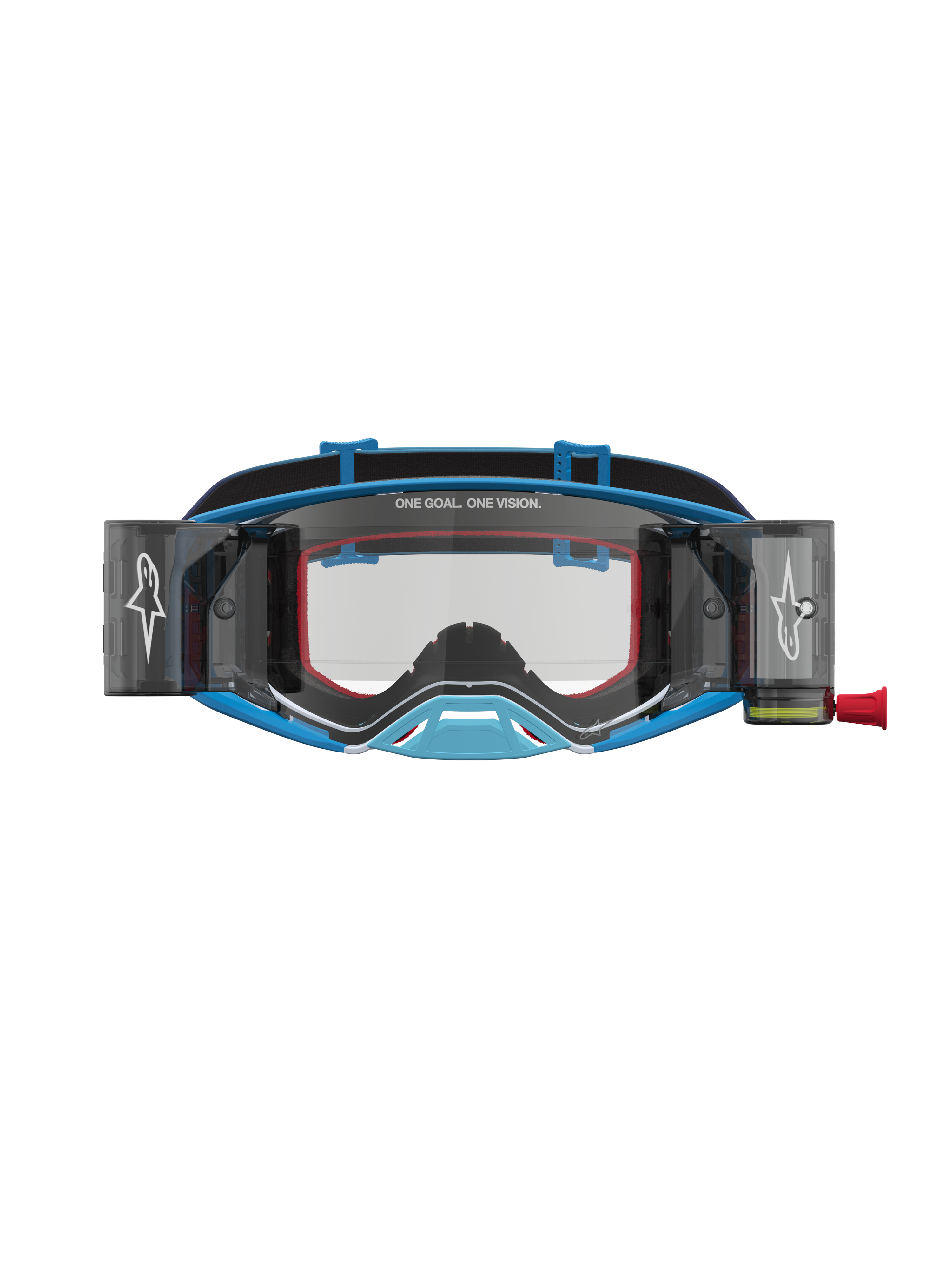 Alpinestars Supertech Firma Roll-Off Schutzbrille in Blau und Silber mit klarer Scheibe und Roll-Off-System.