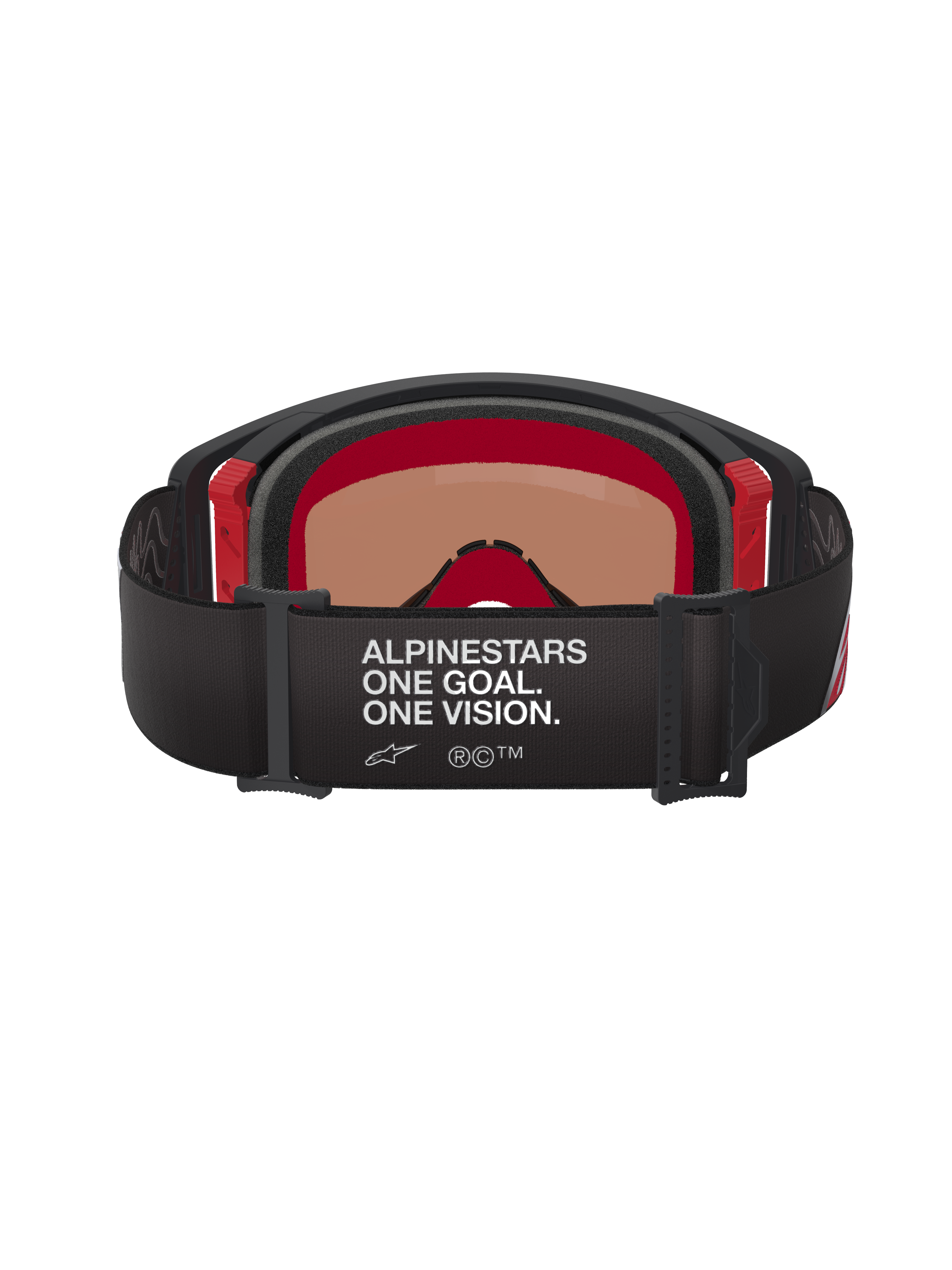 Alpinestars Supertech Corp Goggles Absolute Vision, Back View, Black and Red, featuring white 'ALPINESTARS ONE GOAL. ONE VISION.' text on a wide black strap, red inner frame accents, professional motocross goggles