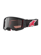 Alpinestars Supertech Corp Goggles Absolute Vision, Motocross Goggles, Black and Red with Mirror Silver Lens, featuring "ONE GOAL. ONE VISION." branding, black strap with large red and white star logo, angular frame design with foam padding, premium off-road eye protection