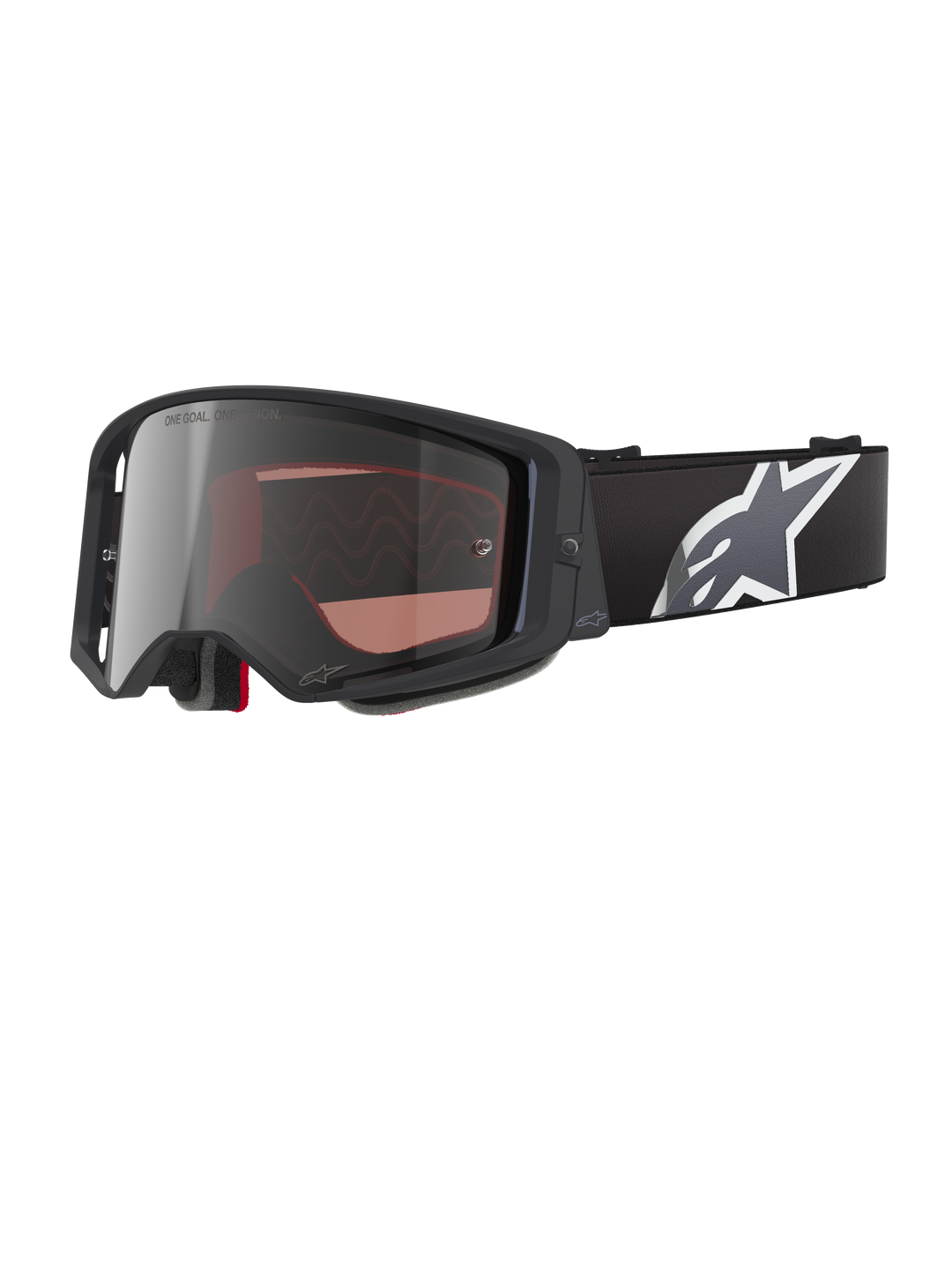 Alpinestars Supertech Corp Goggles Absolute Vision, Motocross-Brille, Schwarz und Grau mit silbern verspiegelter Linse, eckiger Rahmen, verstellbares schwarzes Band mit markantem weißen Stern-Logo, mehrschichtiger Gesichtsschaum für Offroad-Performance.