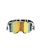 Alpinestars Supertech Corp Goggles Absolute Vision, Motocross-Brille, Weiß und Gold verspiegelt, mit schwarz-weißem Grafik-Rahmen und Band, gold verspiegeltes Brillenglas mit „ONE GOAL. ONE VISION.“ Schriftzug, Hochleistungs-Offroad-Brille