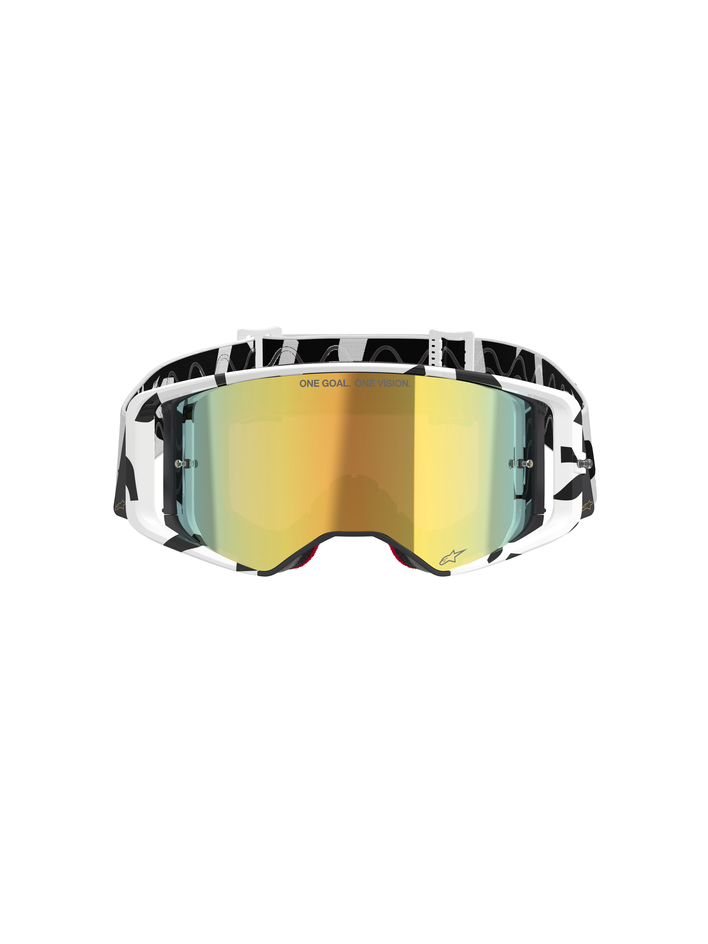 Alpinestars Supertech Corp Goggles Absolute Vision, Motocross-Brille, Weiß und Gold verspiegelt, mit schwarz-weißem Grafik-Rahmen und Band, gold verspiegeltes Brillenglas mit „ONE GOAL. ONE VISION.“ Schriftzug, Hochleistungs-Offroad-Brille
