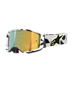 Alpinestars Supertech Corp Goggles Absolute Vision, Motocross Goggles, white and black patterned frame with gold mirror lens, wide strap with black abstract design and gold Alpinestars logo, "ONE GOAL. ONE VISION." branding on lens, high-performance racing gear.