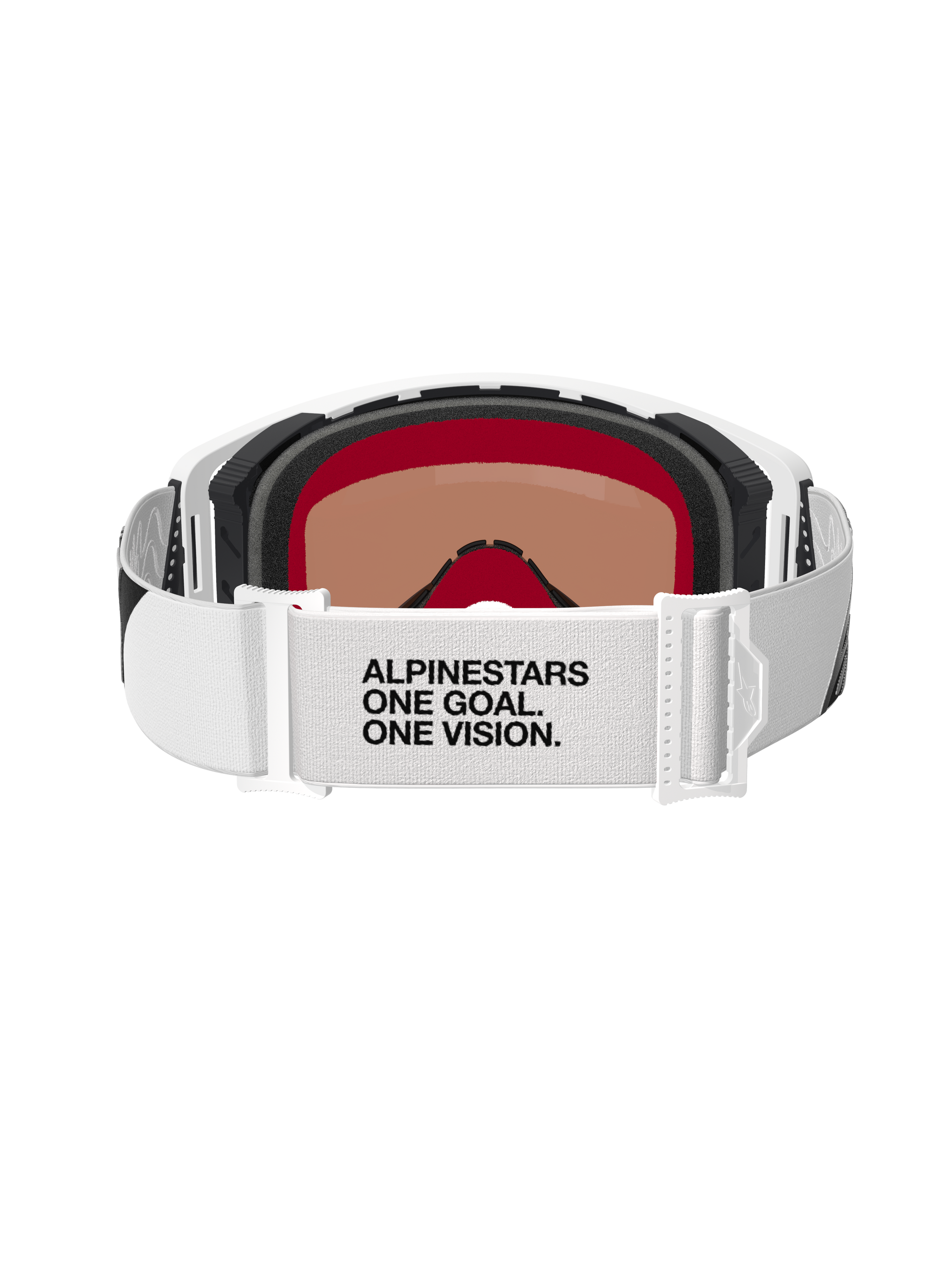 Alpinestars Supertech Corp Goggles Absolute Vision, Motocross-Brille, Weiß und Silber verspiegelt, Rückansicht mit weißem Band und „ALPINESTARS ONE GOAL. ONE VISION.“ Text, mehrlagiger Gesichtsschaum und elegantes weißes Rahmendesign