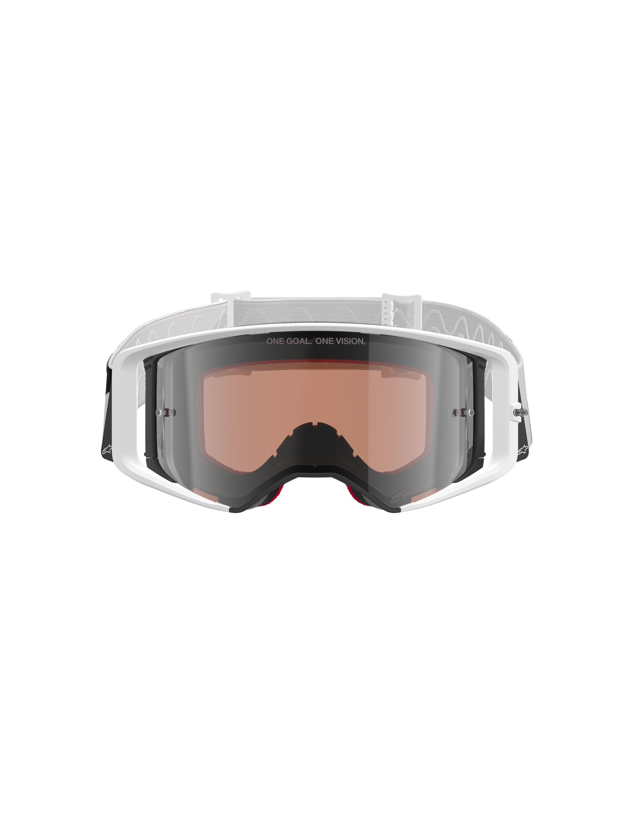 Alpinestars Supertech Corp Goggles Absolute Vision, Motocross-Brille, Weiß und Silber verspiegelt, Vorderansicht mit weißem Rahmen und silber verspiegelter Scheibe mit dem Schriftzug „ONE GOAL. ONE VISION.“, verstellbares weißes Band mit Alpinestars-Logo, Hochleistungs-Schutzausrüstung für den Offroad-Rennsport