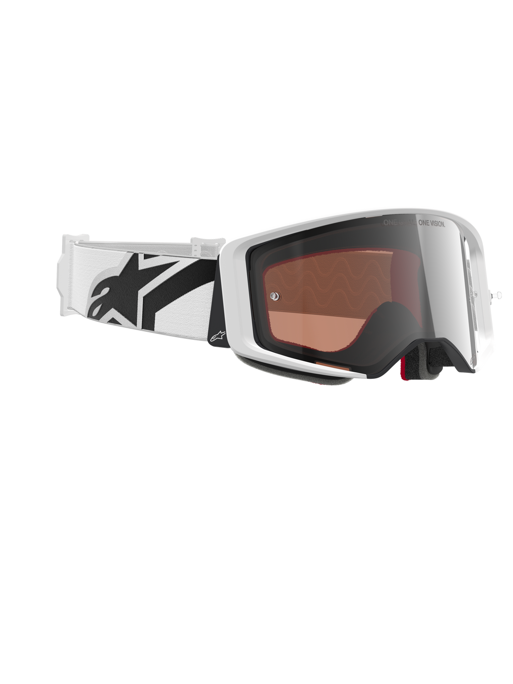 Alpinestars Supertech Corp Brille Absolute Vision, Motocross-Brille, Weiß und Silber verspiegelt, mit weißem Rahmen und reflektierender silberner Scheibe, breitem verstellbarem weißem Band mit markantem schwarzem Stern-Logo, professionelle Offroad-Rennbrille