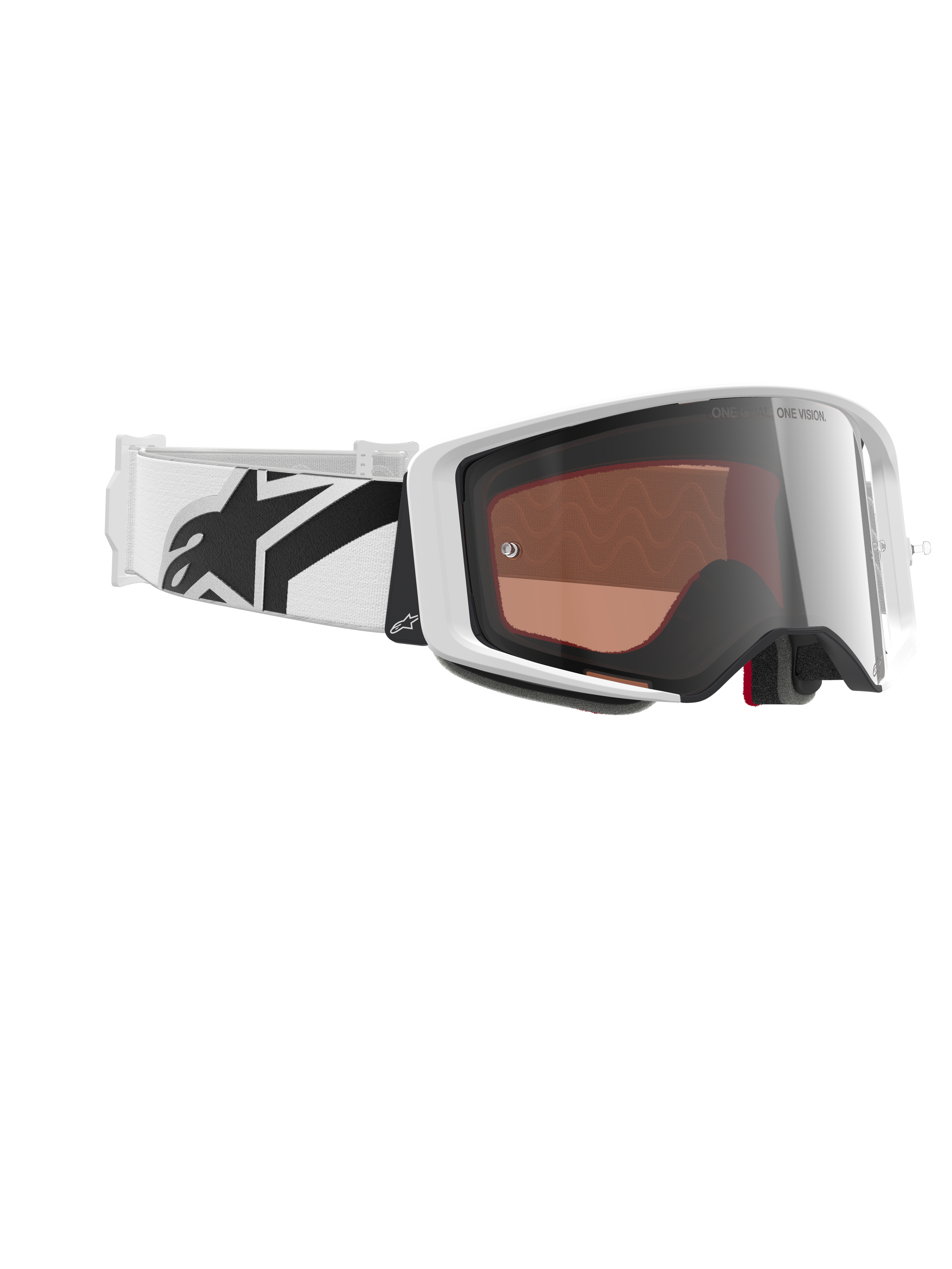 Alpinestars Supertech Corp Brille Absolute Vision, Motocross-Brille, Weiß und Silber verspiegelt, mit weißem Rahmen und reflektierender silberner Scheibe, breitem verstellbarem weißem Band mit markantem schwarzem Stern-Logo, professionelle Offroad-Rennbrille
