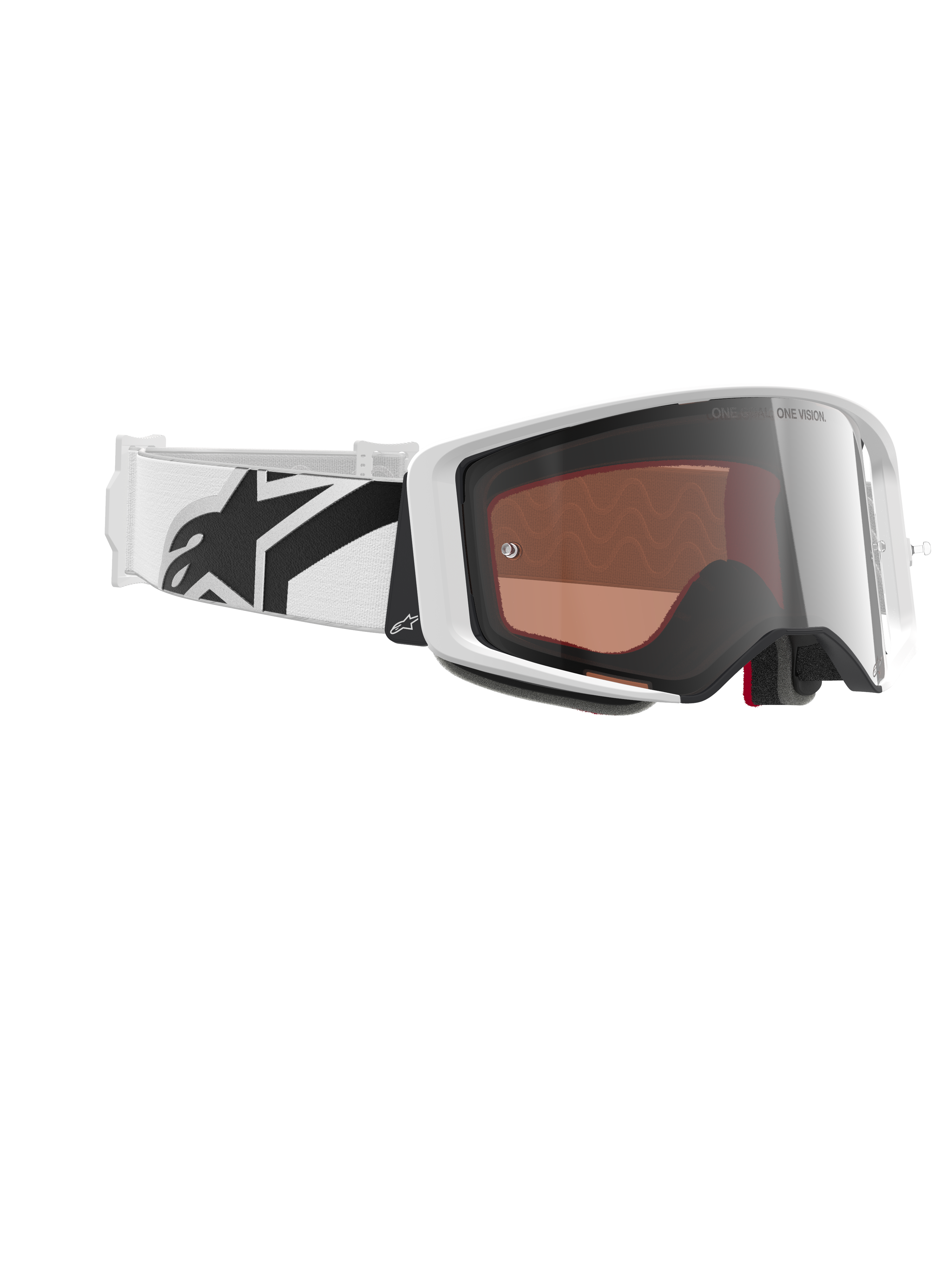 Alpinestars Supertech Corp Brille Absolute Vision, Motocross-Brille, Weiß und Silber verspiegelt, mit weißem Rahmen und reflektierender silberner Scheibe, breitem verstellbarem weißem Band mit markantem schwarzem Stern-Logo, professionelle Offroad-Rennbrille