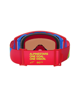 Alpinestars Supertech Corp Goggles Absolute Vision, Rear view, Red and blue frame, Red elastic strap with yellow 'One Goal. One Vision.' text, Multi-layer black face foam, High-performance motocross goggles