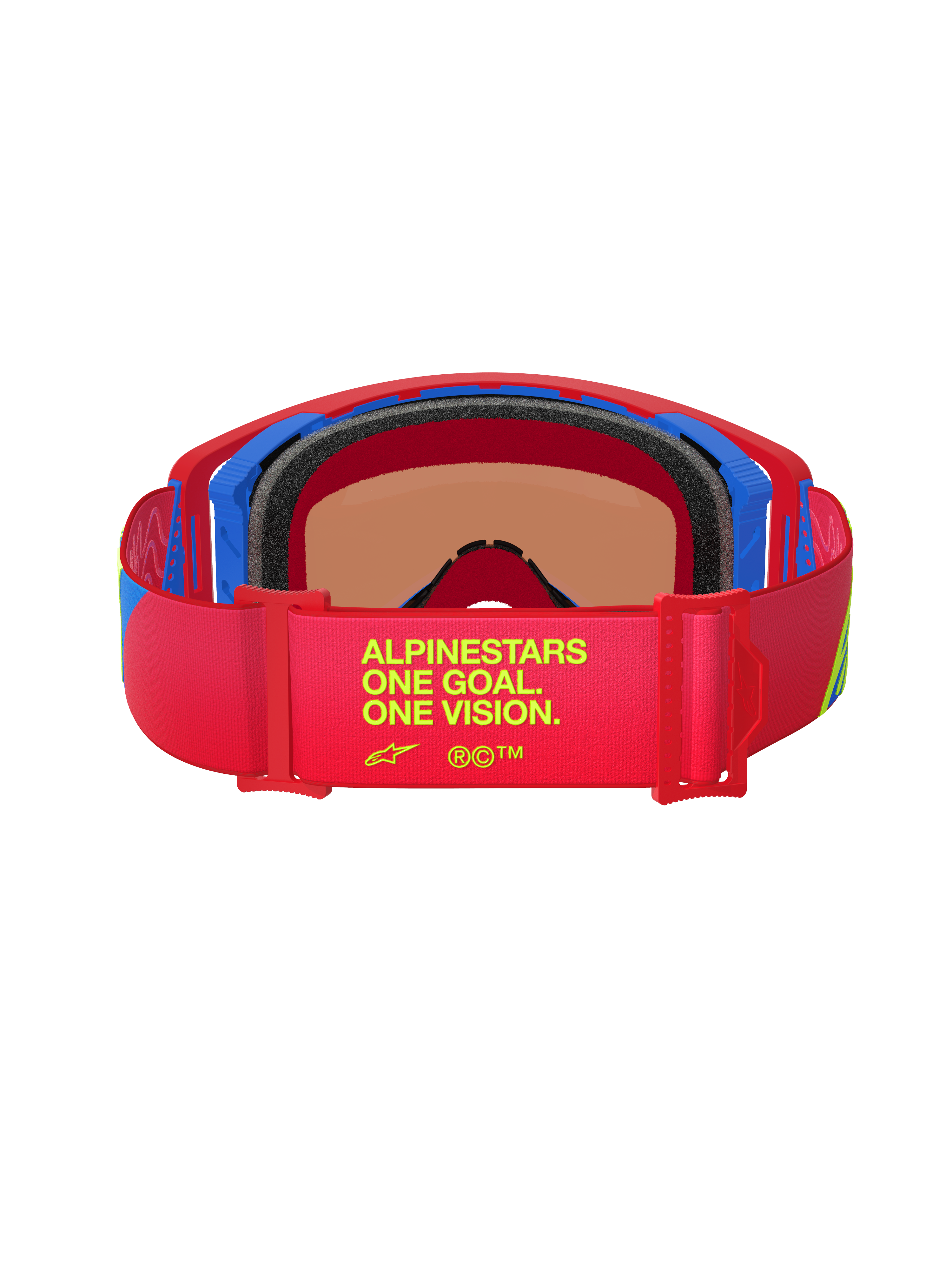 Alpinestars Supertech Corp Goggles Absolute Vision, Rear view, Red and blue frame, Red elastic strap with yellow 'One Goal. One Vision.' text, Multi-layer black face foam, High-performance motocross goggles