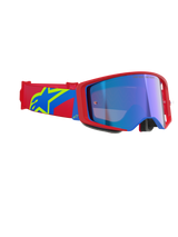 Alpinestars Supertech Corp Goggles Absolute Vision, Motocross Goggles, Red and Blue frame with Mirror Blue lens, red and blue strap featuring a yellow Alpinestars star logo, professional off-road racing eyewear