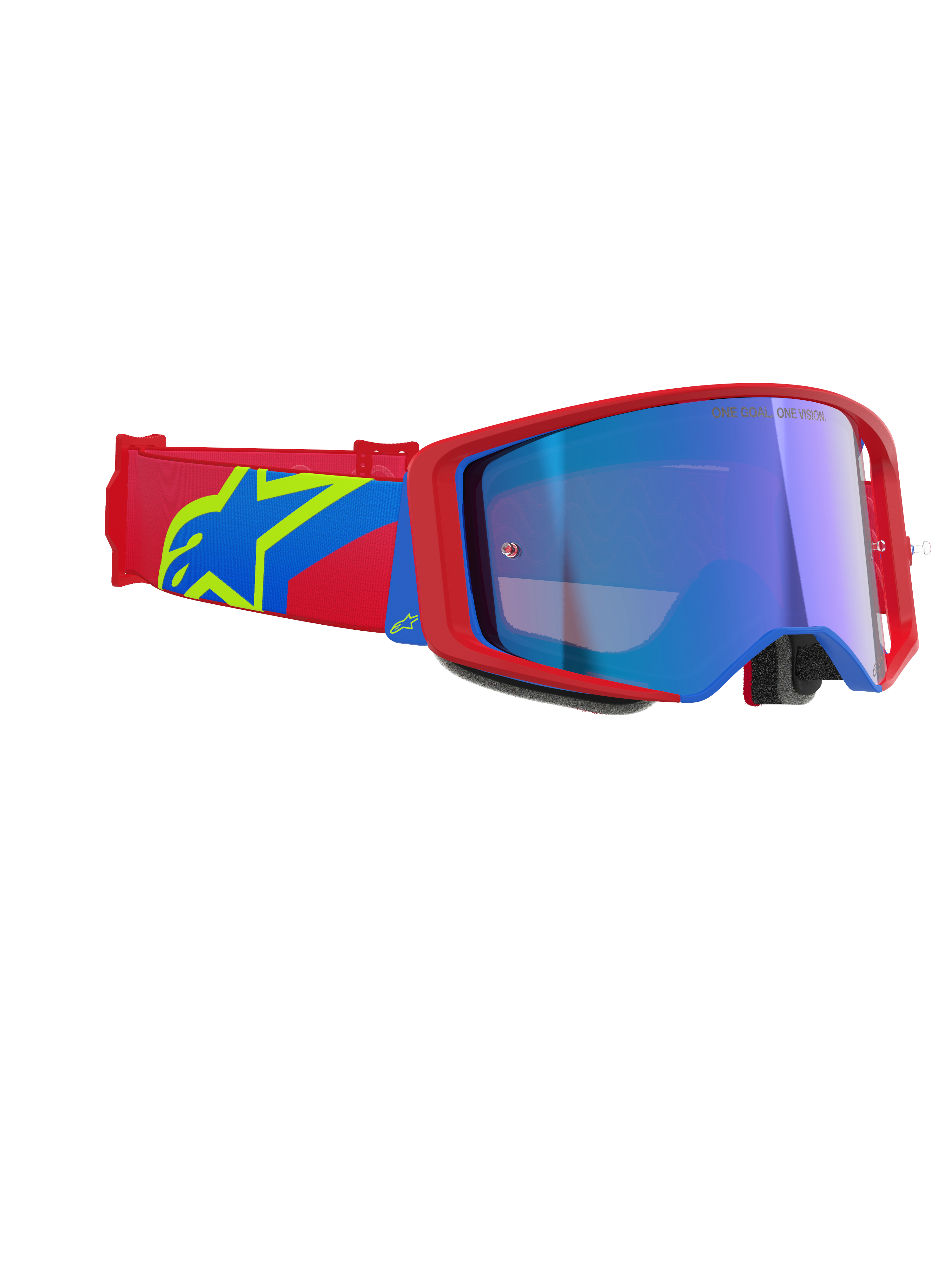 Alpinestars Supertech Corp Goggles Absolute Vision, Motocross Goggles, Red and Blue frame with Mirror Blue lens, red and blue strap featuring a yellow Alpinestars star logo, professional off-road racing eyewear