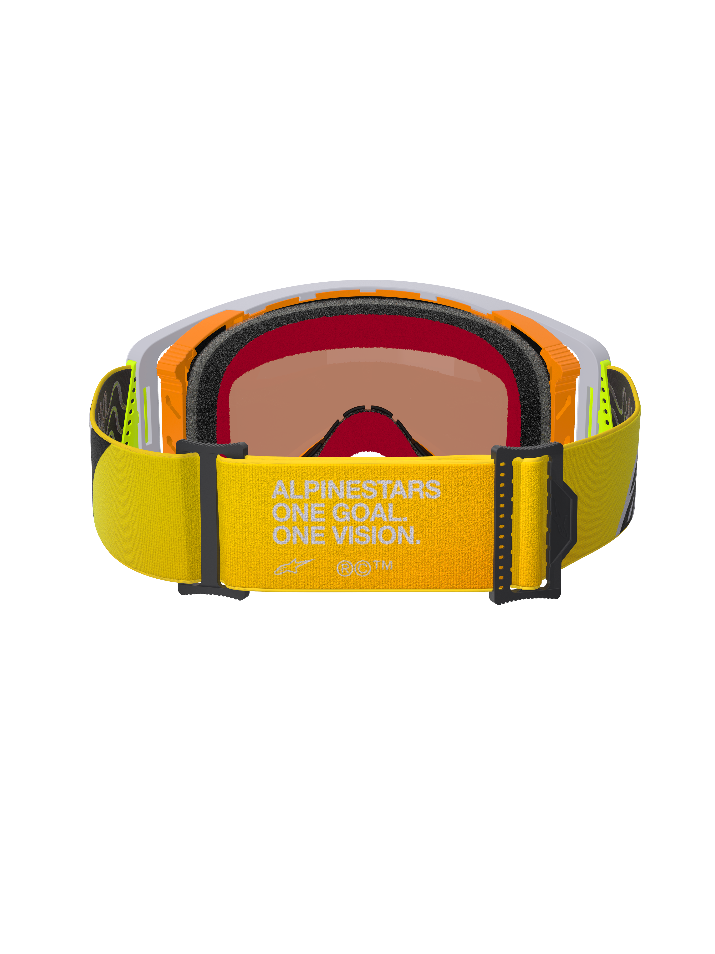 Alpinestars Supertech Corp Absolute Vision Schutzbrille, Rückansicht, neongelbes Band mit „ALPINESTARS ONE GOAL. ONE VISION.“-Branding, orange-grauer Rahmen mit mehrlagigem schwarzem Gesichtsschaum, warm getönte verspiegelte Linse, Hochleistungs-Motocross-Brille